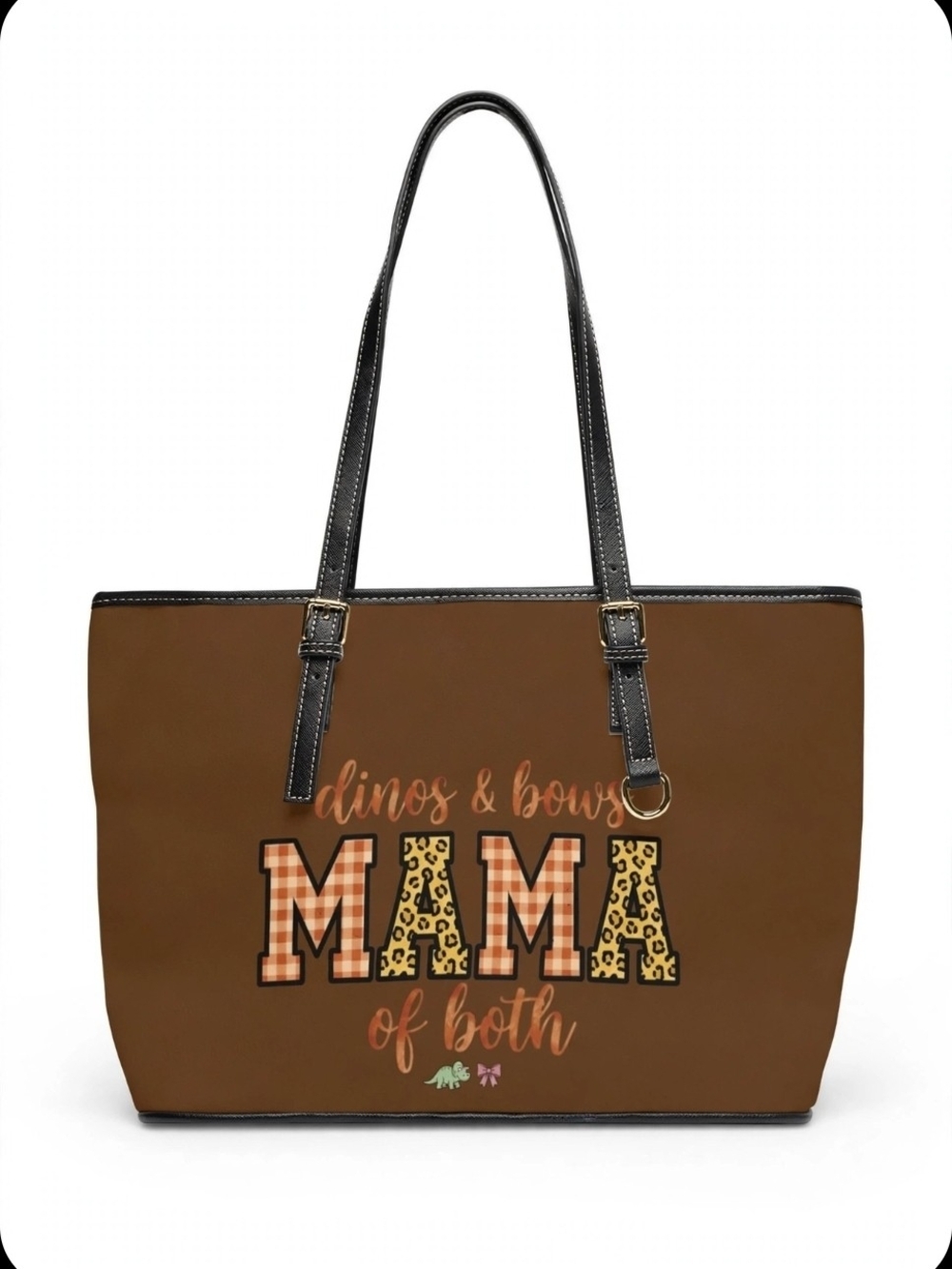 Brown Leather "Mama of Both" Tote Bag with Black Straps 16x10 NWT Boutique